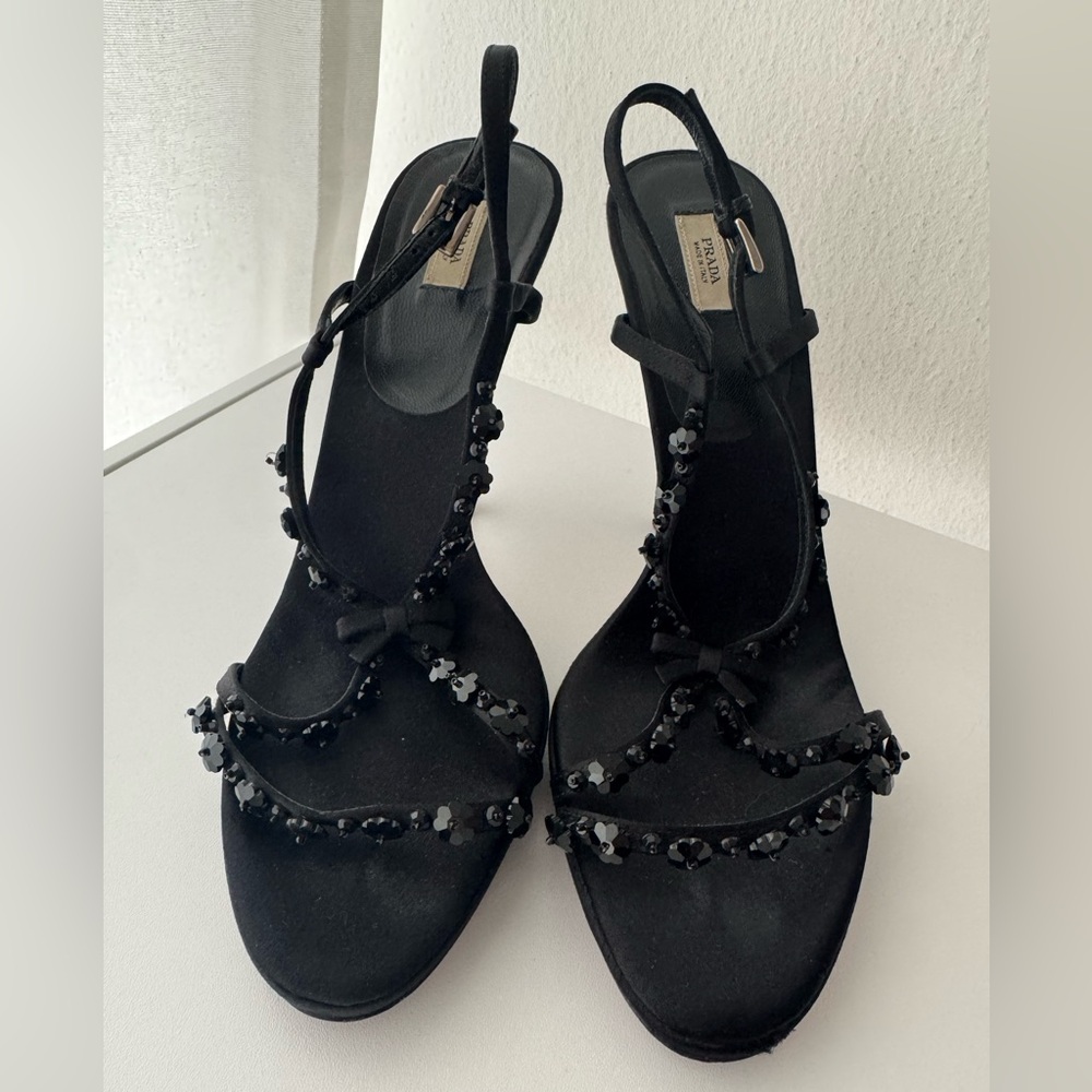 Prada Black Beaded Bow Silk Sandals - Size 38.5